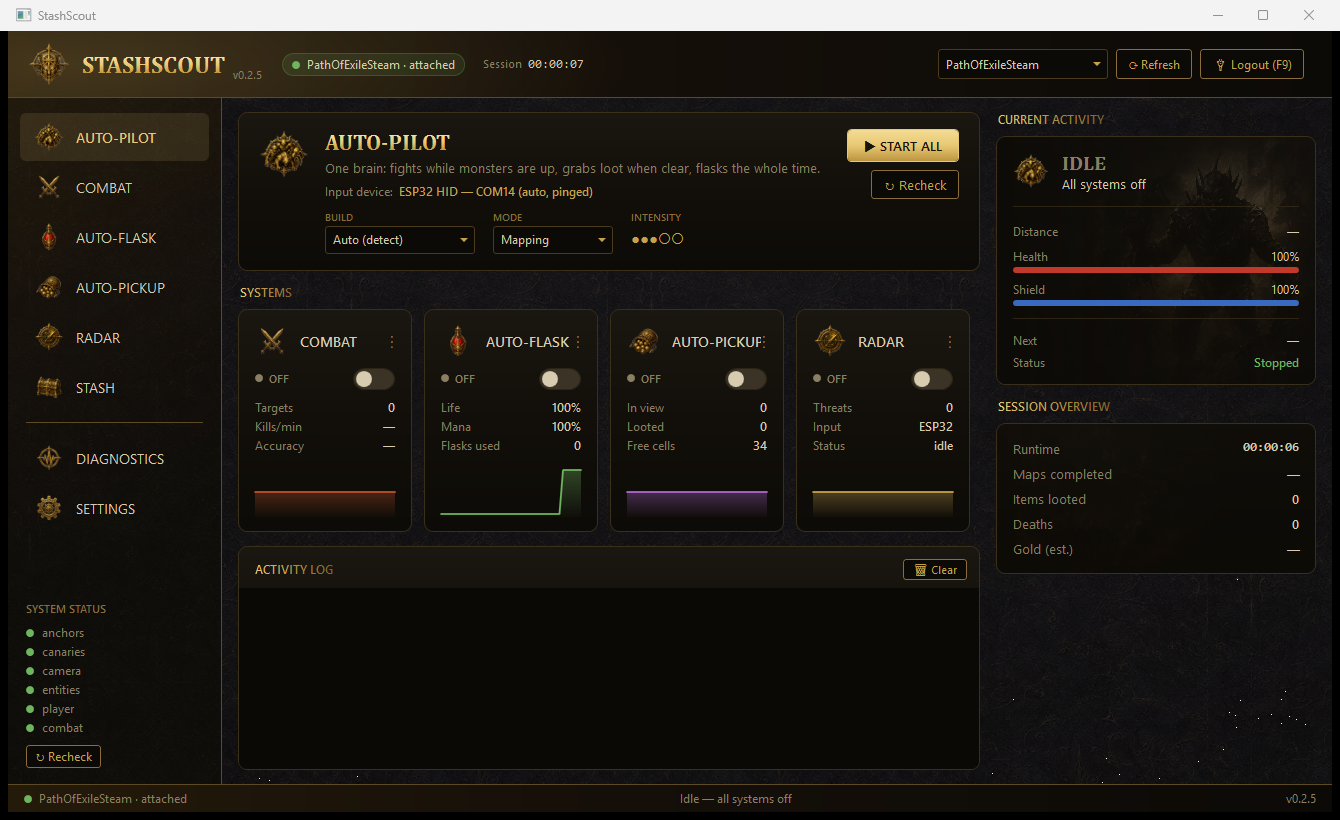 NoddPilot Auto-Pilot dashboard — combat, flask, pickup and radar system cards with live activity feed